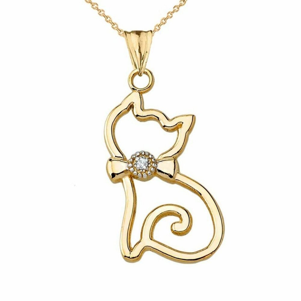 10k Solid Gold Diamond Openwork Cat Necklace - image 2